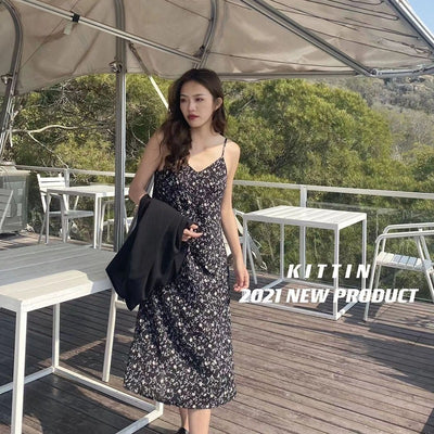 Floral Suspender Dress New Spring And Autumn Net Red Waist Thin Bottom Skirt Medium Length Skirt Women"s Dress