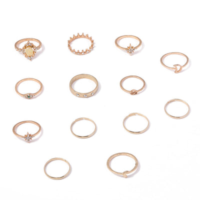 Vintage Opal Rhinestone Star Moon 13 Pieces Set Rings