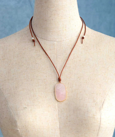 Natural Stone Pendant Red Stone Adjustable Leather Necklace