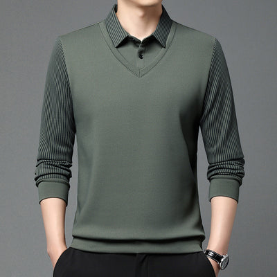 Business Casual Men's Clothing Fake Two-piece Striped Sleeve T-shirt