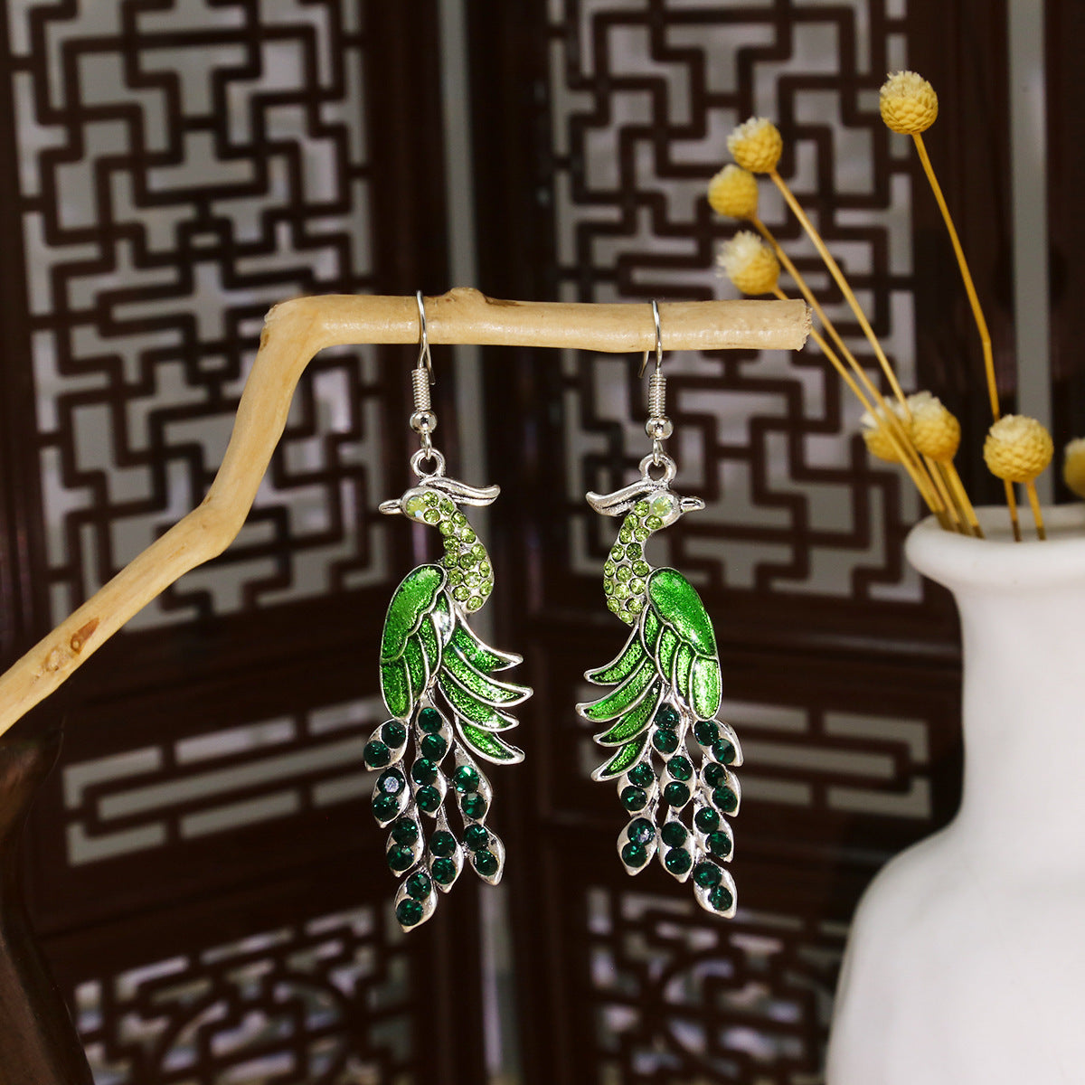 Cloisonne Peacock Earrings Miao Silver National Totem Phoenix