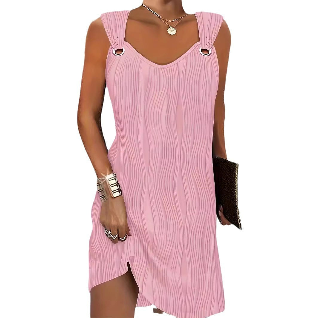 Women's European And American Solid Color Water Wave Pattern Sleeveless Dress