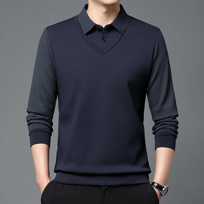 Business Casual Men's Clothing Fake Two-piece Striped Sleeve T-shirt