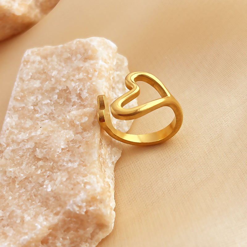 Retro Love Heart Ring Stainless Steel Plated 18K Gold Love Trend Ins Ring