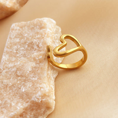 Retro Love Heart Ring Stainless Steel Plated 18K Gold Love Trend Ins Ring