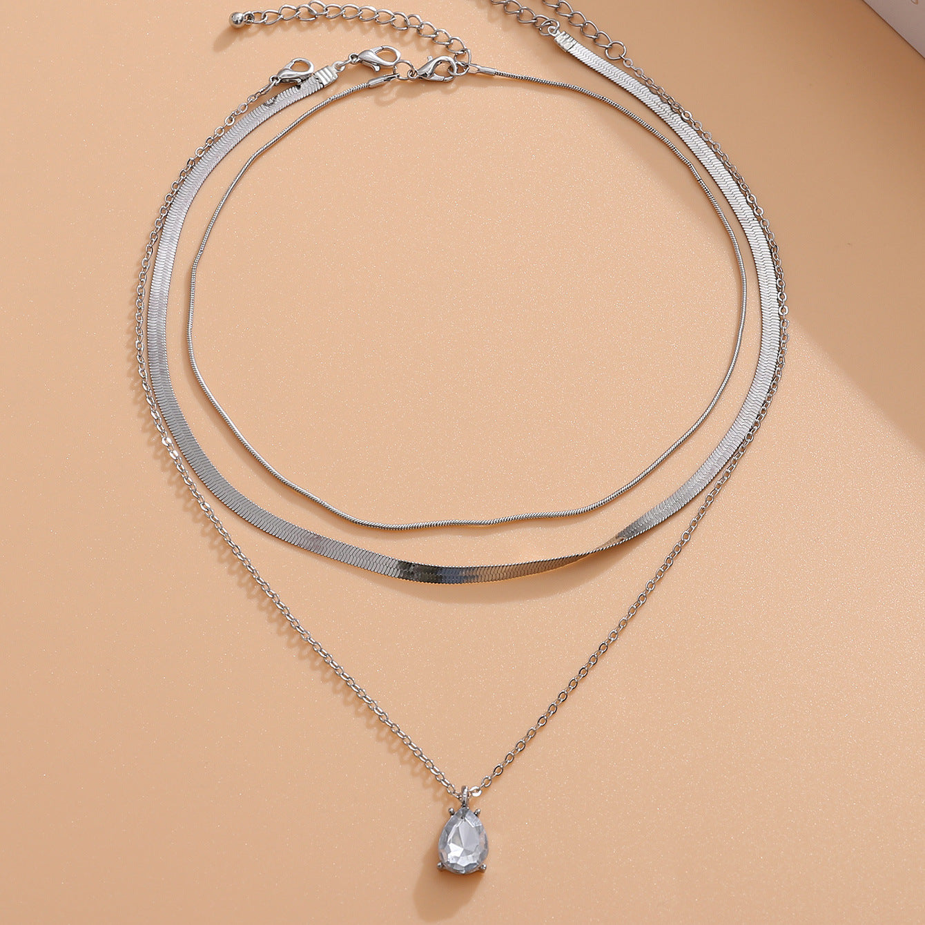 Cold Wind Twin Clavicle Chain Metal Niche Water Drop Rhinestone Necklace
