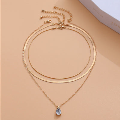 Cold Wind Twin Clavicle Chain Metal Niche Water Drop Rhinestone Necklace