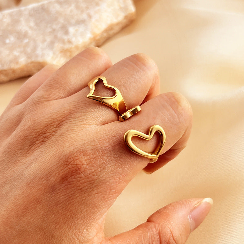Retro Love Heart Ring Stainless Steel Plated 18K Gold Love Trend Ins Ring