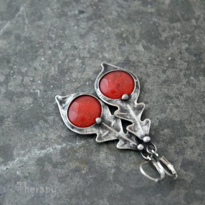 Fashion Bohemian Triangle Inlaid Ruby Vintage Earrings