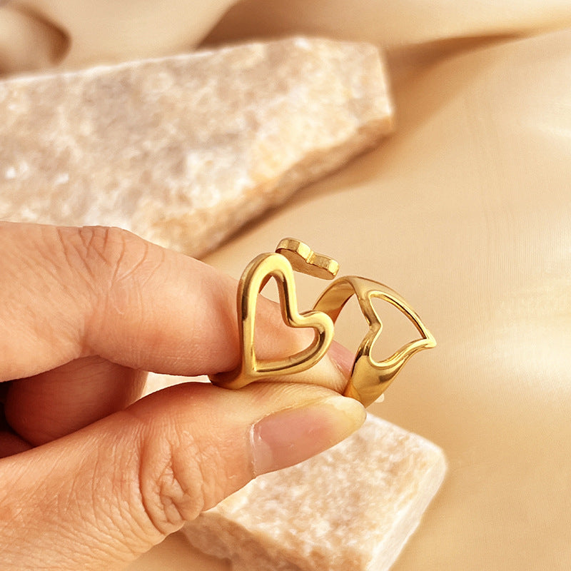 Retro Love Heart Ring Stainless Steel Plated 18K Gold Love Trend Ins Ring