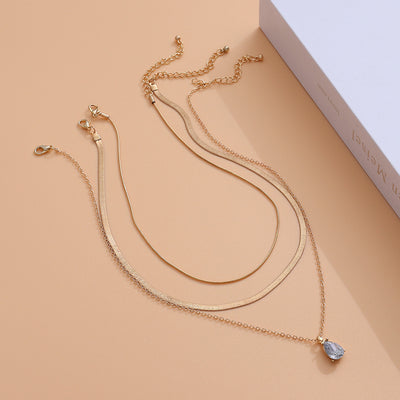 Cold Wind Twin Clavicle Chain Metal Niche Water Drop Rhinestone Necklace