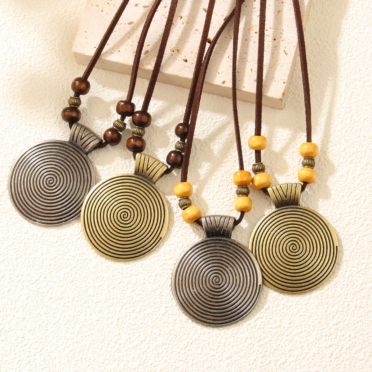 Cowhide String Ethnic Pendant Leather Ornament Fingerprint Alloy Sweater Chain