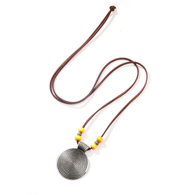 Cowhide String Ethnic Pendant Leather Ornament Fingerprint Alloy Sweater Chain