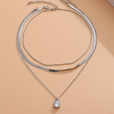 Cold Wind Twin Clavicle Chain Metal Niche Water Drop Rhinestone Necklace
