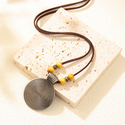 Cowhide String Ethnic Pendant Leather Ornament Fingerprint Alloy Sweater Chain