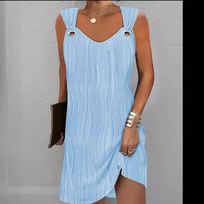 Women's European And American Solid Color Water Wave Pattern Sleeveless Dress