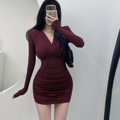 Mature Adult Lady Like Woman Style Stretch Long Sleeve Dress For Women