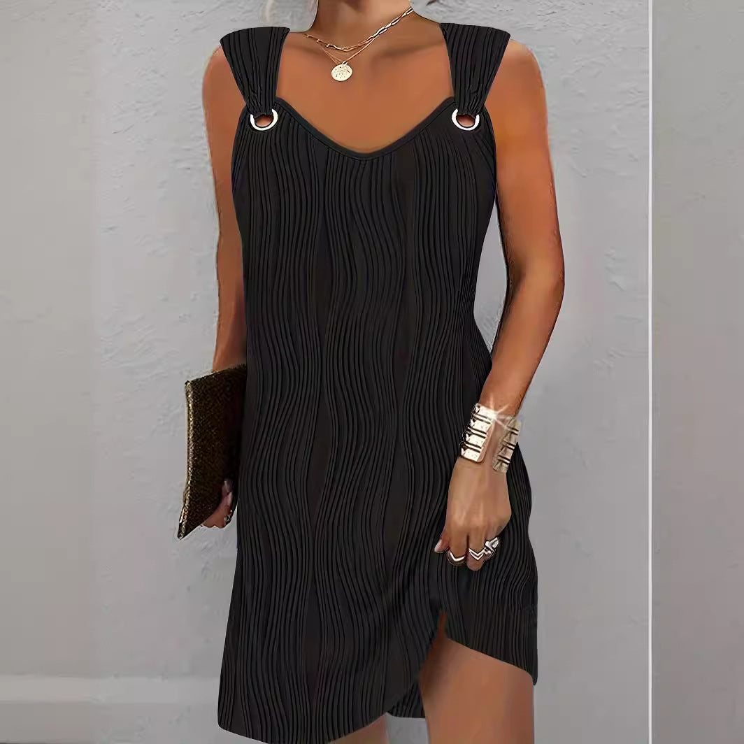 Women's European And American Solid Color Water Wave Pattern Sleeveless Dress