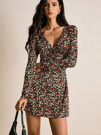 Slim Fit Fashion Floral V-neck Long-sleeve Dress